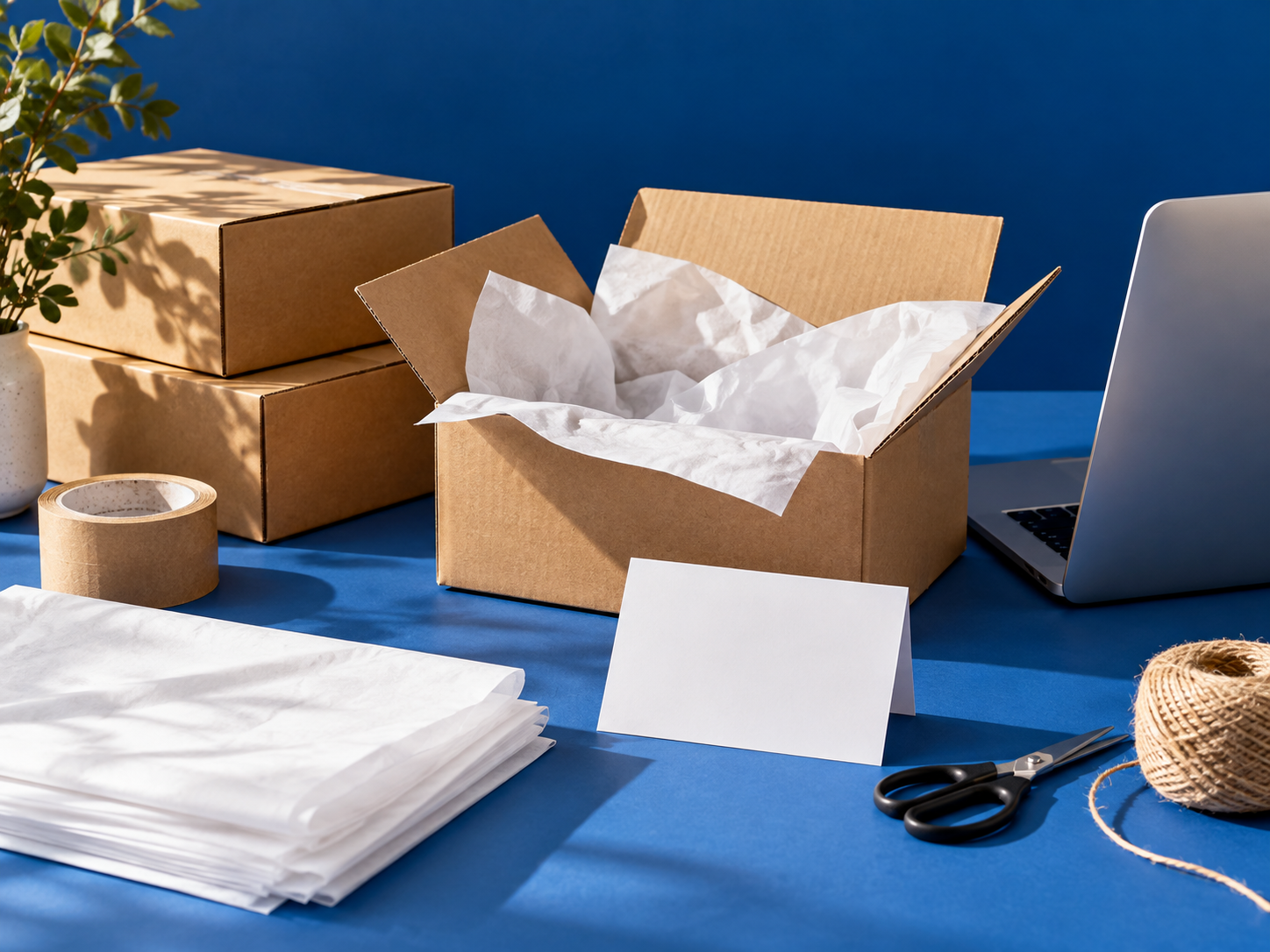 A neatly arranged packing workspace with shipping boxes and a laptop